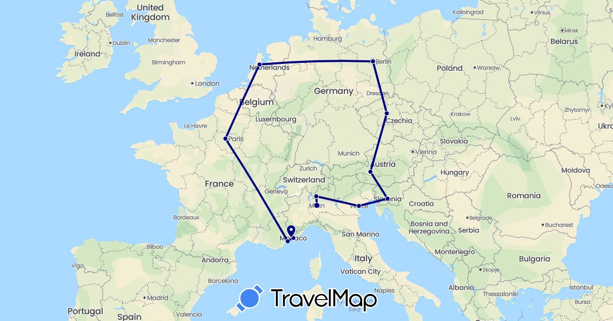 TravelMap itinerary: driving in Austria, Czech Republic, Germany, France, Italy, Monaco, Netherlands, Slovenia (Europe)